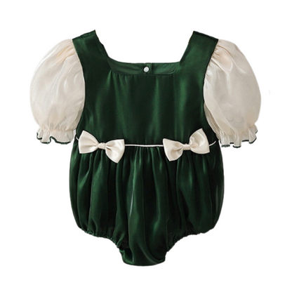 Adorable toddler girls' puff sleeve dress with bow detail, paired with a matching romper for sibling outfits.