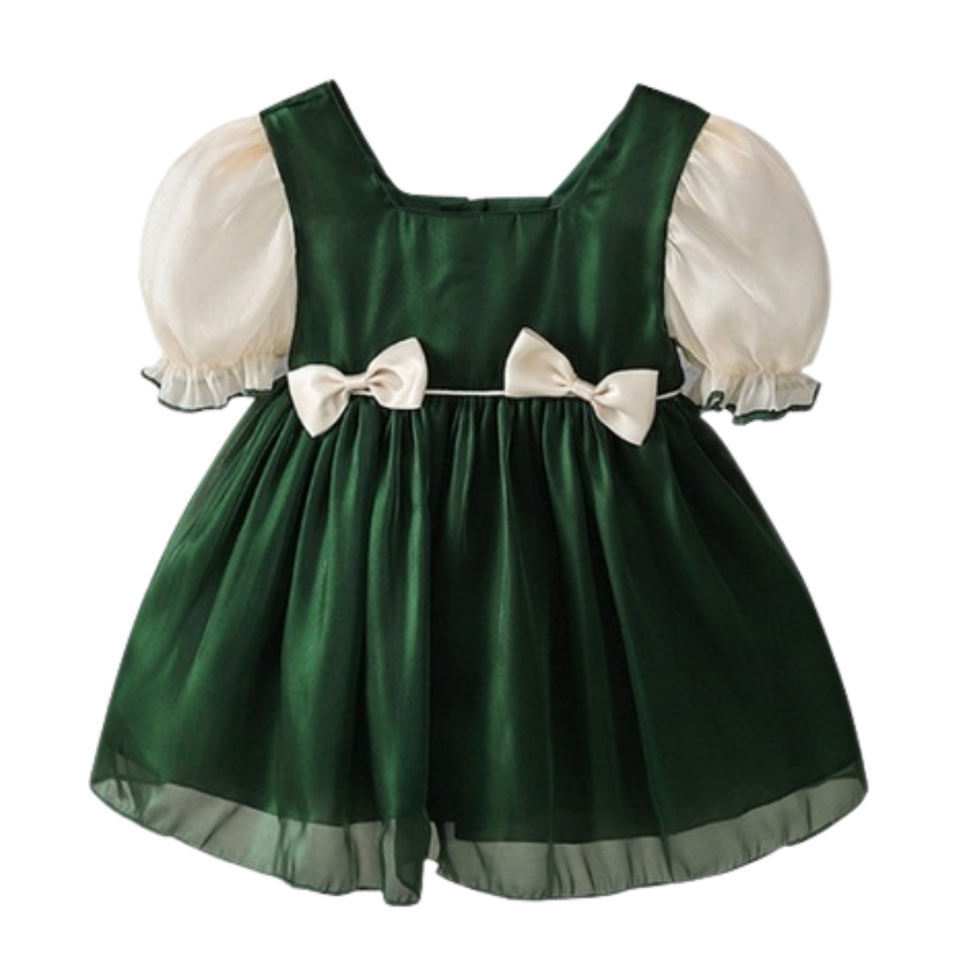 Matching baby girls' outfit: puff sleeve dress and romper with cute bow design, ideal for special occasions.