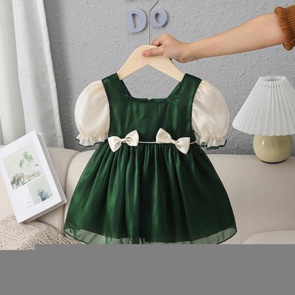 Two-piece girls' cotton blend outfit: puff sleeve dress and romper, featuring a lovely bow design.