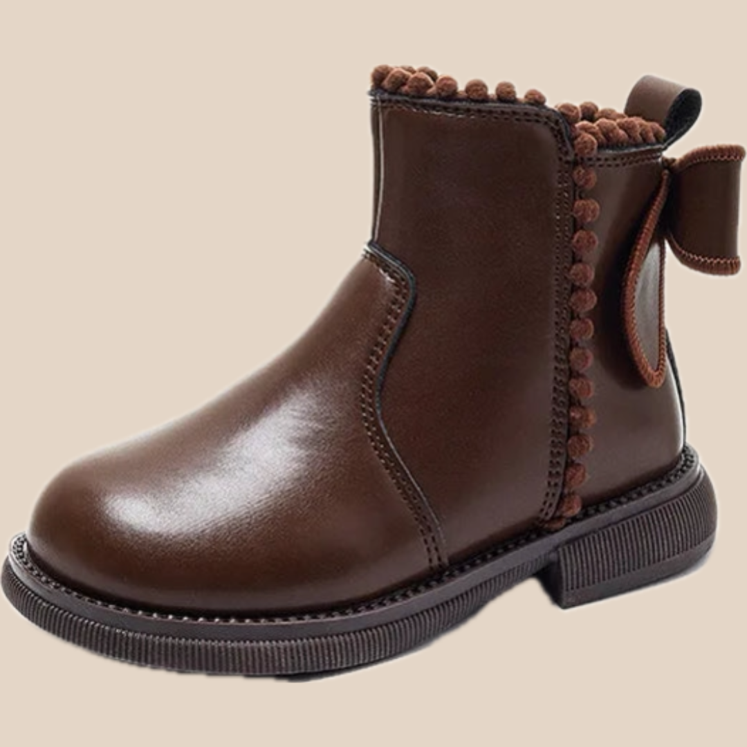 Girls' brown faux leather ankle boots with side zipper, perfect for winter kids' fashion and easy wear.