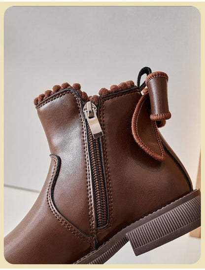 Brown girls' winter ankle boots crafted from faux leather, with a simple and secure zipper closure.