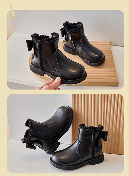 Black faux leather ankle boots for girls, featuring a convenient zipper, ideal children's footwear.