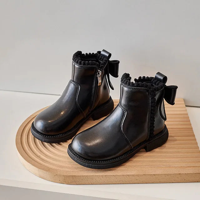 Girls' fashion black ankle boots, faux leather material with a practical zipper closure, winter footwear.