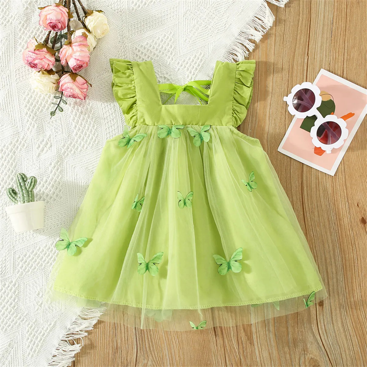 Girls' butterfly mesh summer dress with bow for toddler, light pink