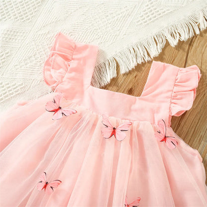 Back view of girls' pink butterfly mesh summer dress, comfortable fit