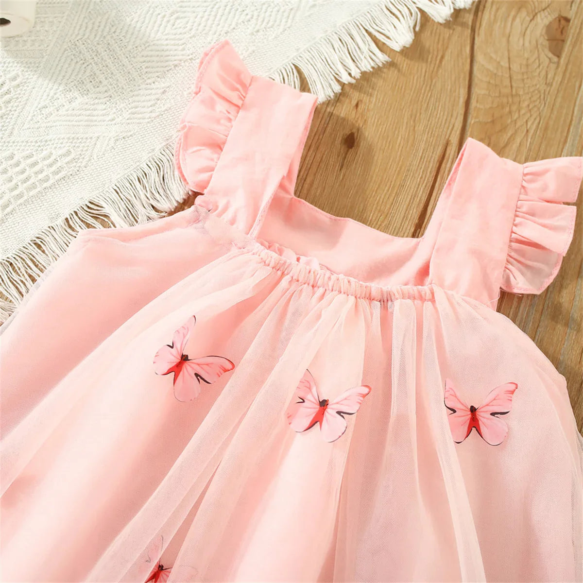 Pink butterfly mesh summer dress for active toddler girls, easy wear
