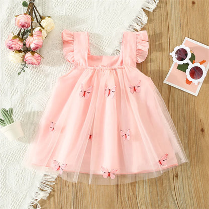Toddler girl wearing casual pink butterfly mesh summer dress