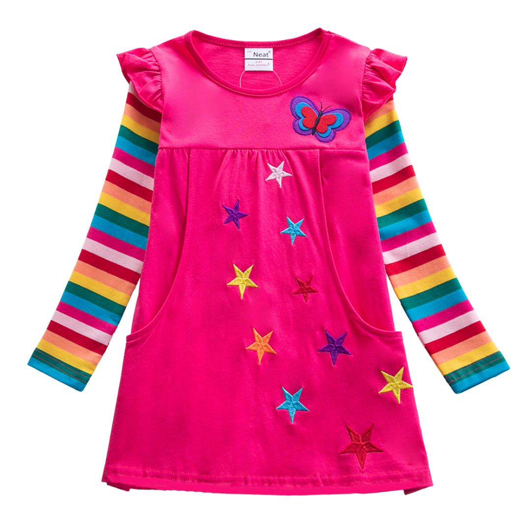 Girls' Butterfly & Stripes Long Sleeve Knit Dress with pink and white stripes, colorful butterfly print