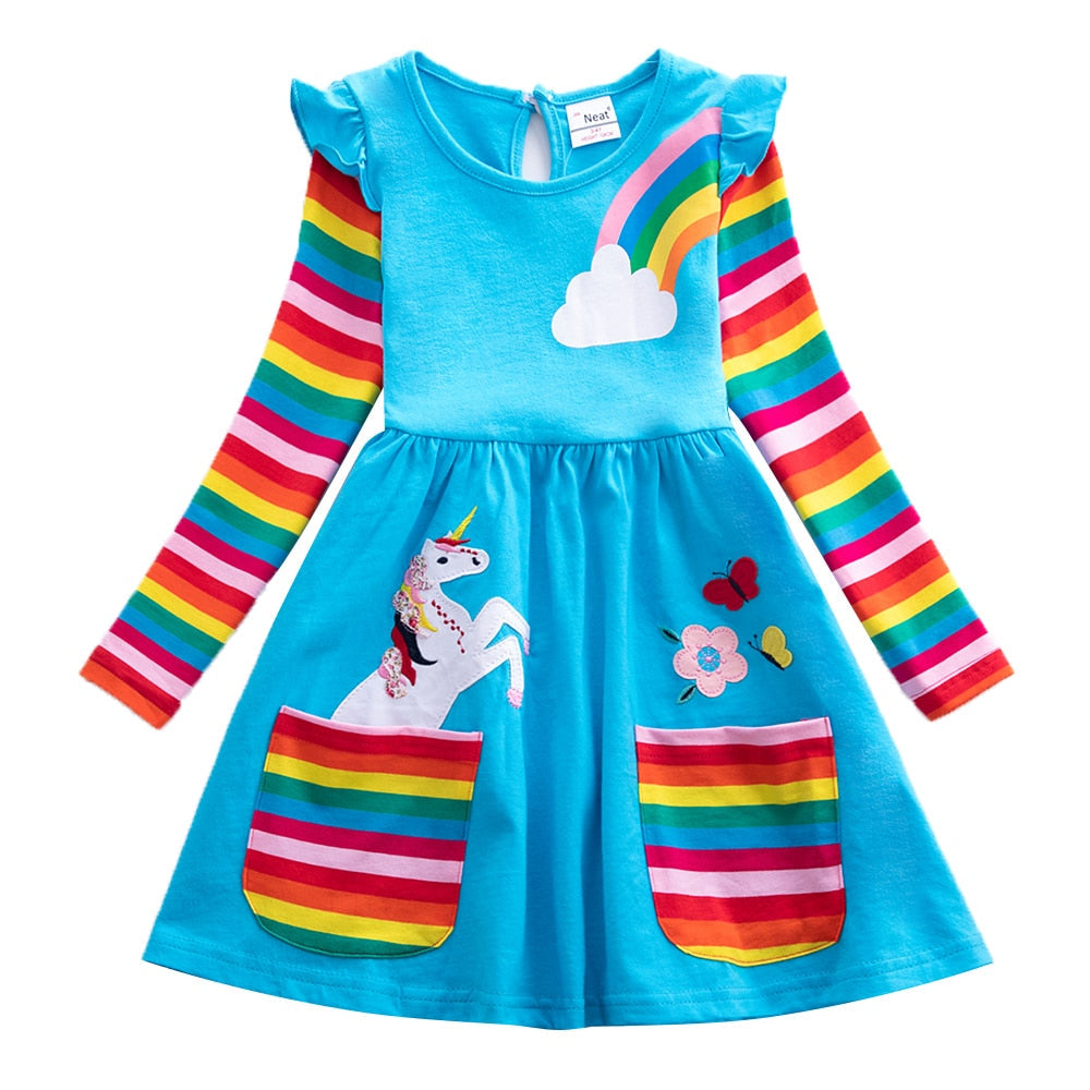 Detail of the long sleeves on a Girls' Butterfly & Stripes Knit Dress, with a cheerful butterfly print