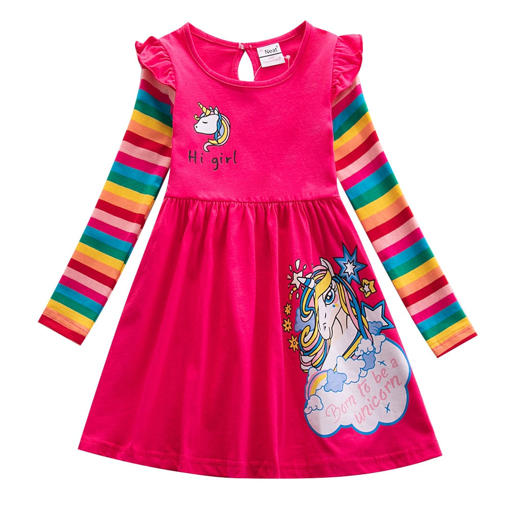 Girls' dress for infants and toddlers, a long sleeve knit with vibrant butterflies and multi-color stripes
