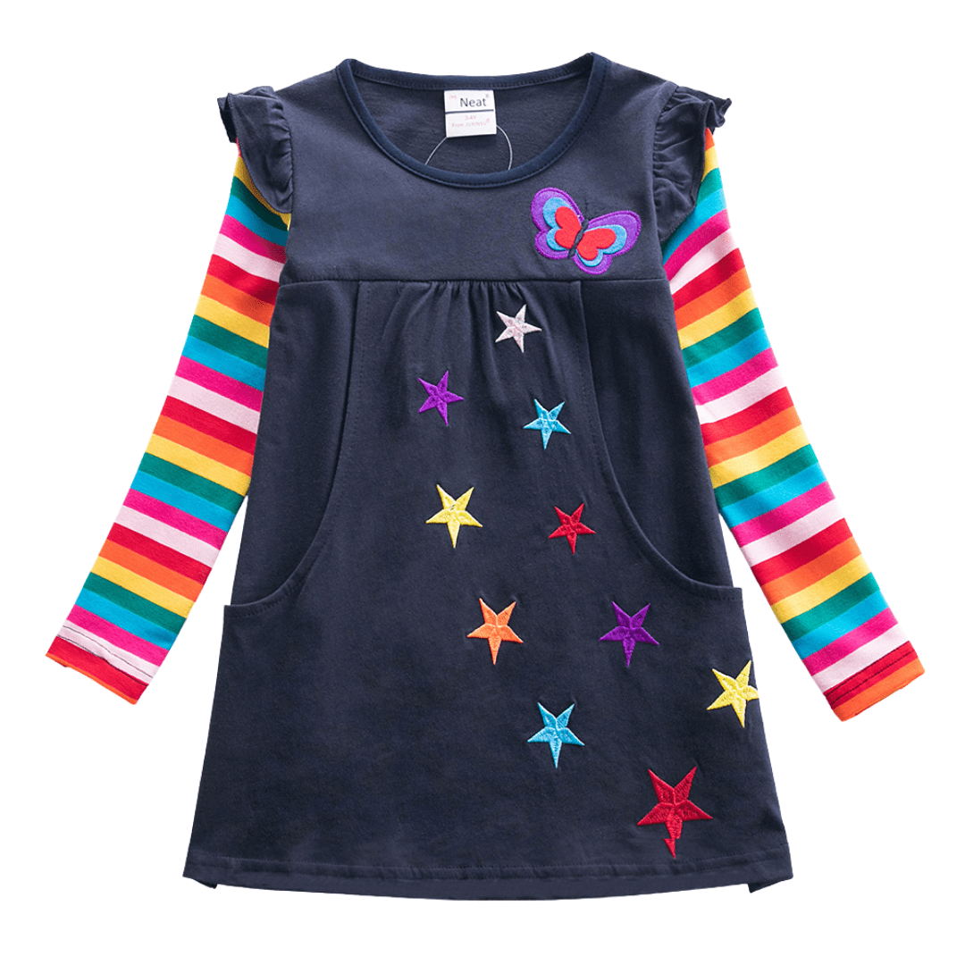 Toddler girl in a long sleeve knit dress featuring a vibrant butterfly and stripe pattern, comfortable cotton