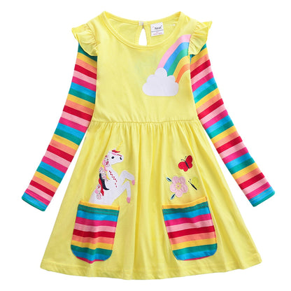 Girls' casual long sleeve dress with a playful butterfly design and horizontal stripes, soft knit fabric