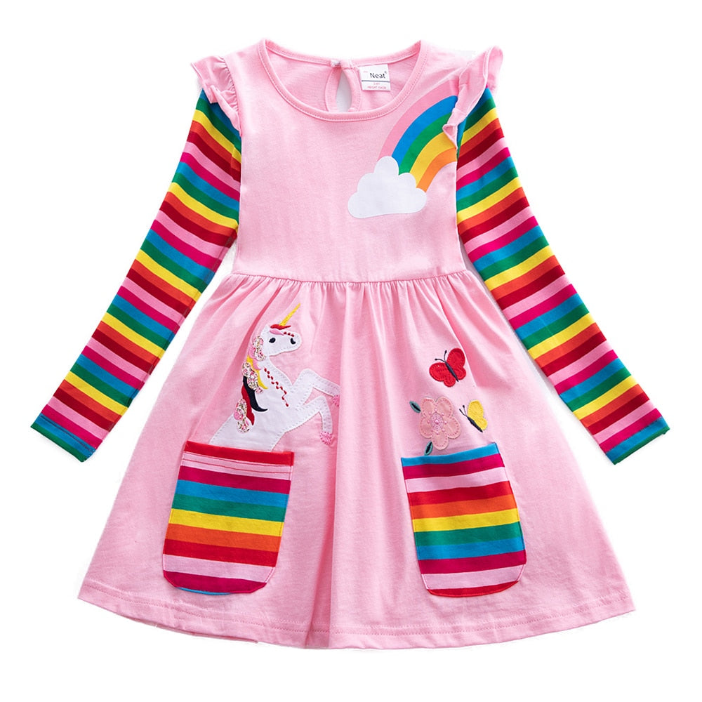 Stylish Girls' Butterfly & Stripes Long Sleeve Knit Dress with a round neck, perfect for young girls
