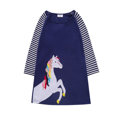 Fashionable Girls' Butterfly & Stripes Long Sleeve Knit Dress, mixing patterns for a unique look