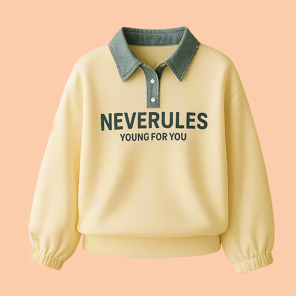 Girls' casual cotton polo shirt with denim collar, perfect for spring fashion.