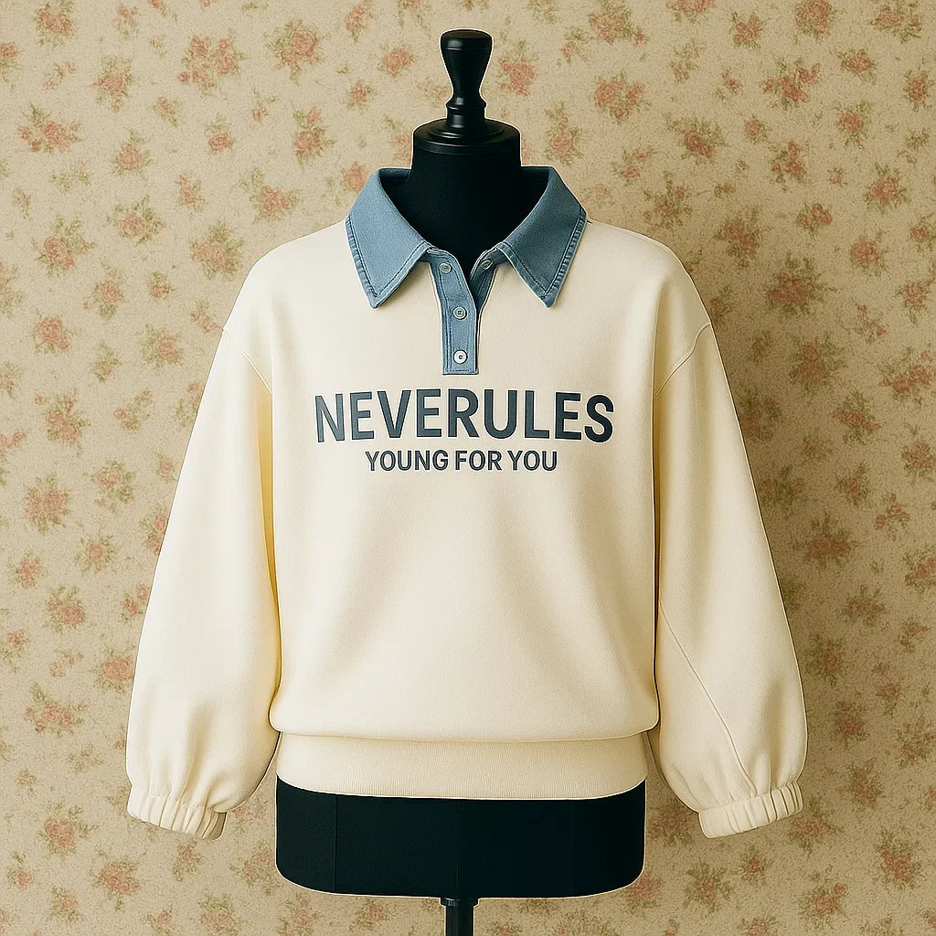 Girl's long-sleeve polo shirt with unique denim collar, ideal for everyday wear.