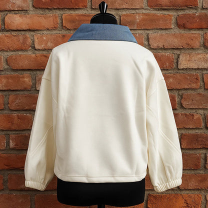 Spring fashion girlswear: Cotton polo shirt with a contrasting denim collar detail.