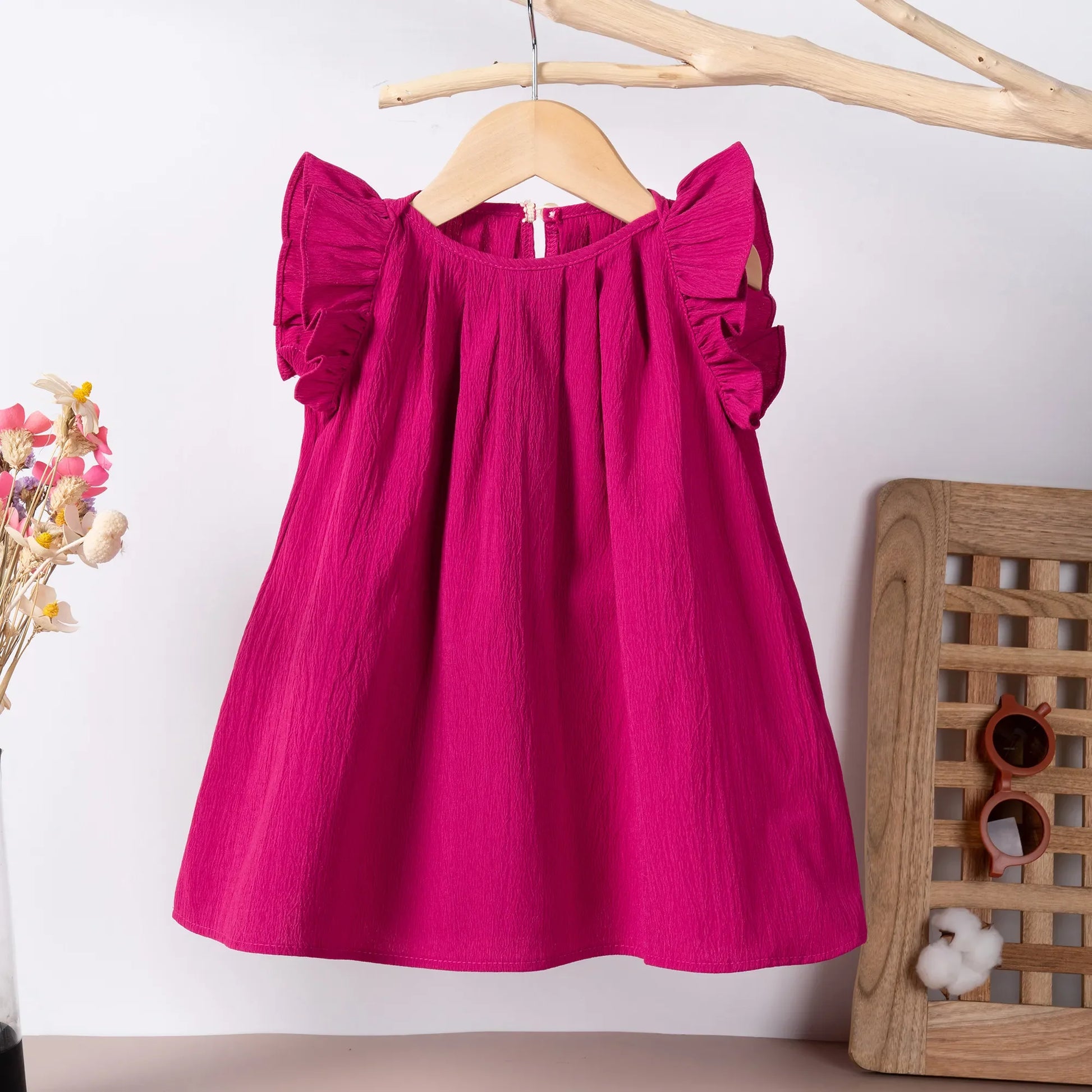 Girls' casual pink summer dress with sweet flying sleeves, front view, for toddlers