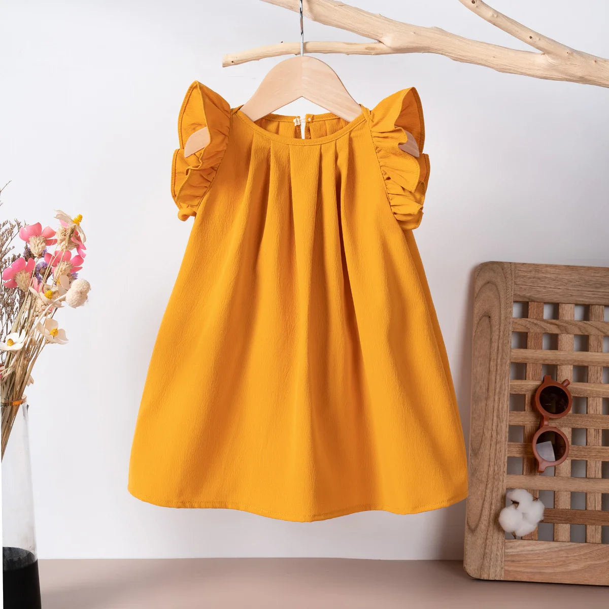 Pink girls' summer dress, A-line cut, with unique flying sleeves, children's apparel