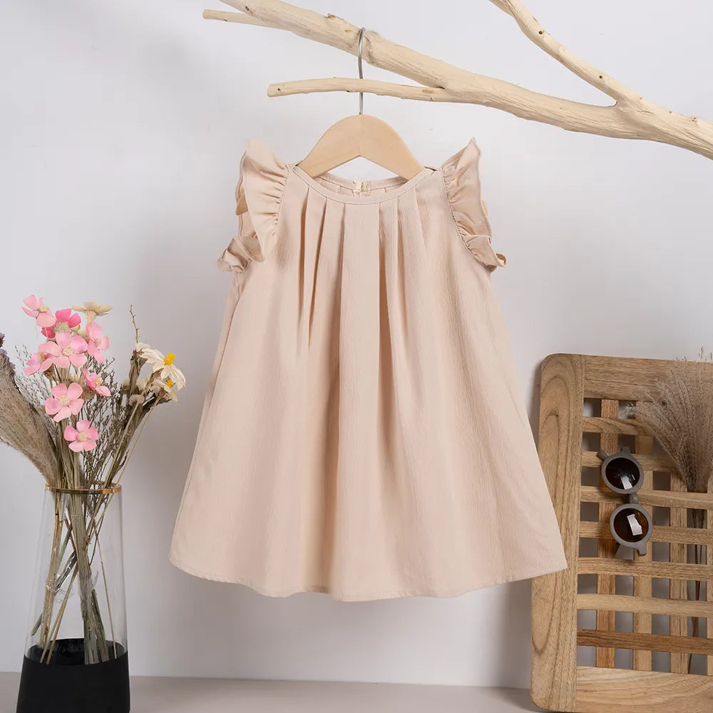 Girls' casual summer dress, sleeveless, in pink with adorable flying sleeves style