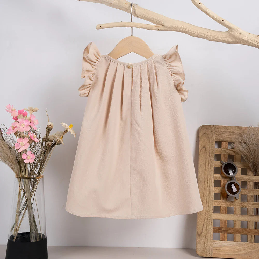 Pink toddler dress with sweet flying sleeves, polyester material, ideal for summer