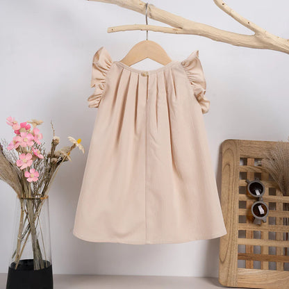 Pink toddler dress with sweet flying sleeves, polyester material, ideal for summer