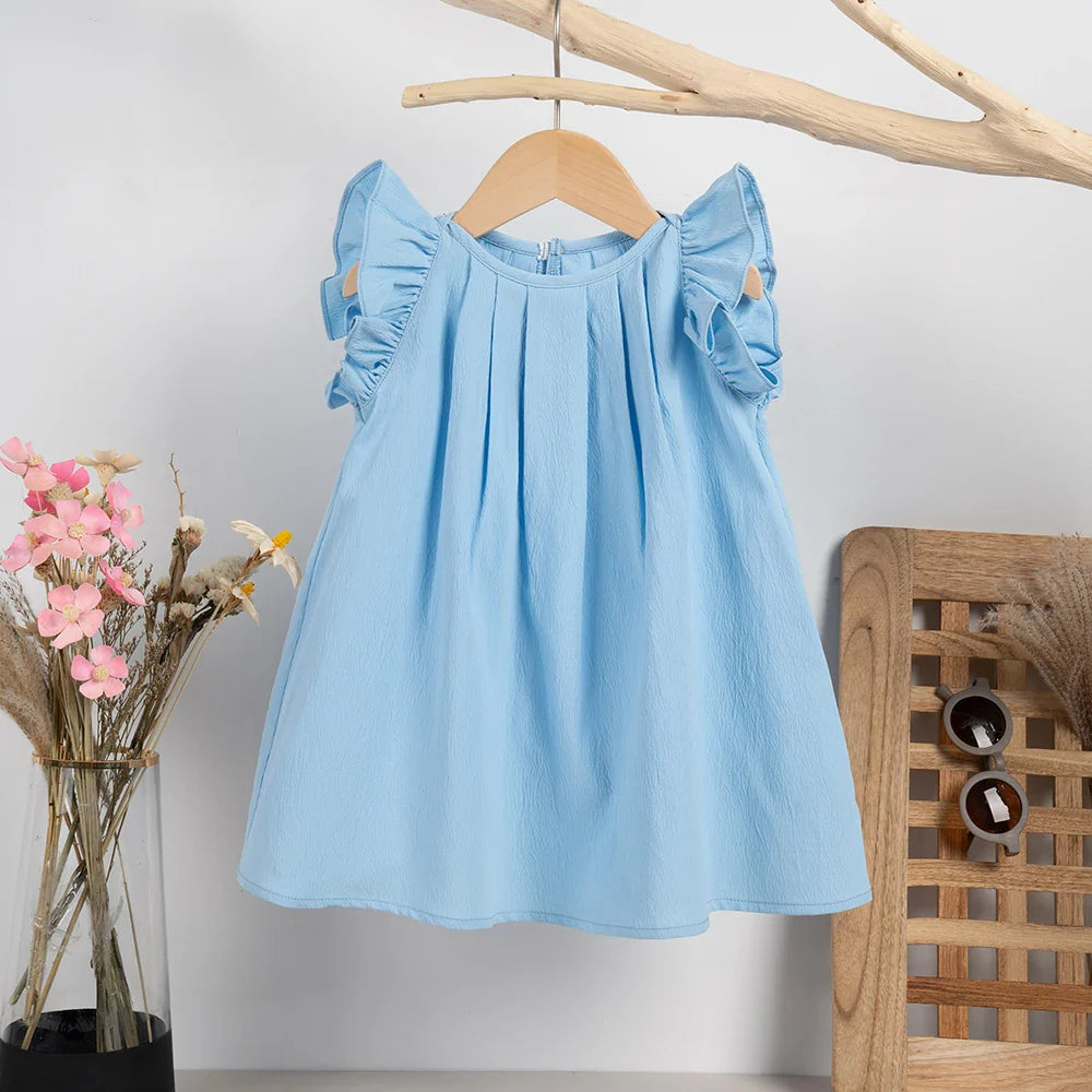 Pink girls' casual summer dress with sweet flying sleeves, designed for comfort