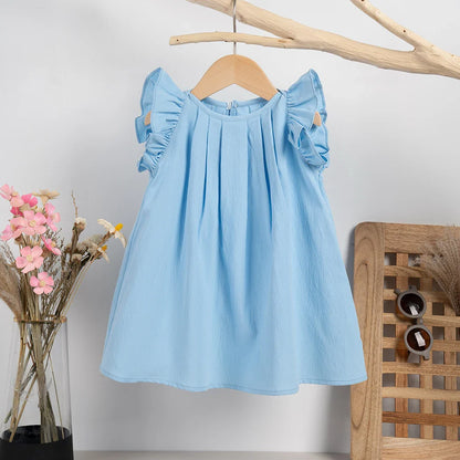 Pink girls' casual summer dress with sweet flying sleeves, designed for comfort