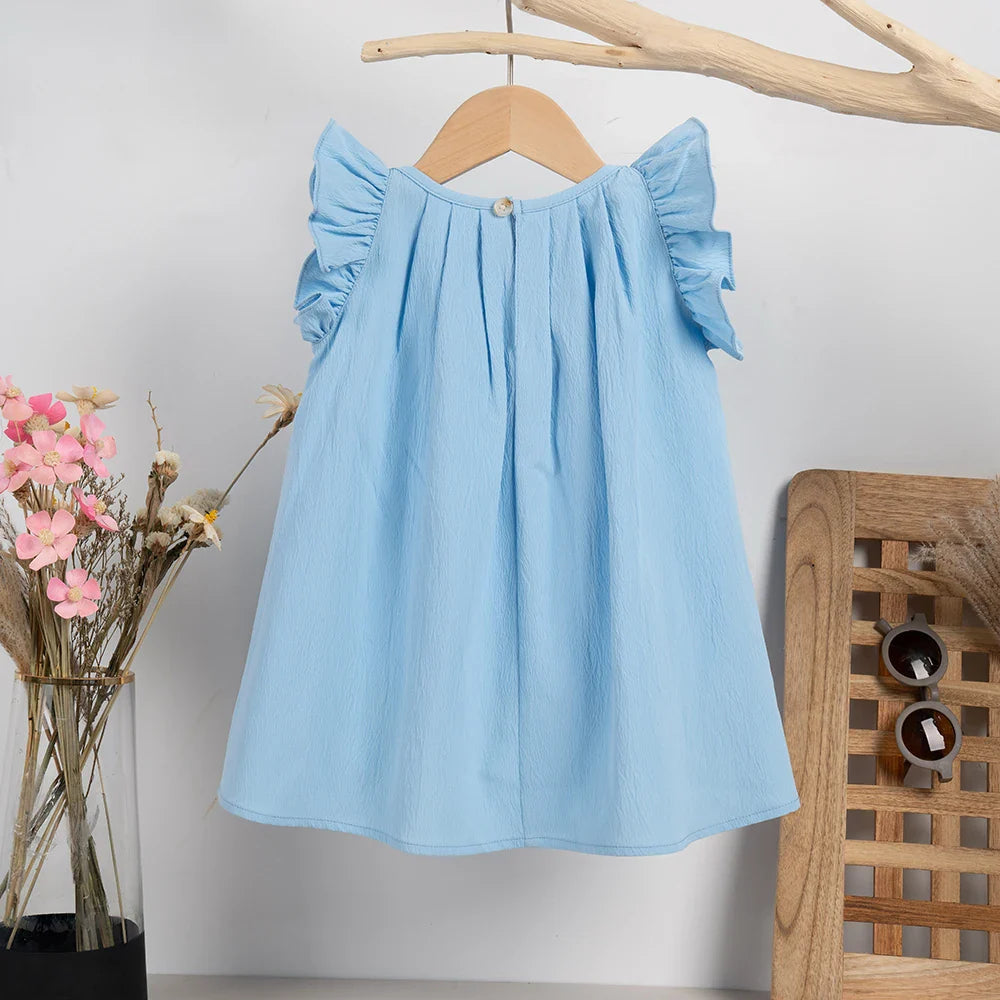 Stylish pink girls' summer dress with sweet flying sleeves, versatile kids fashion