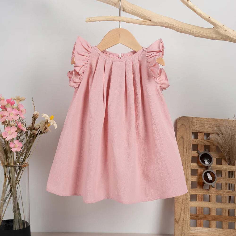 Girls' pink summer dress with sweet flying sleeves, a charming and casual toddler outfit