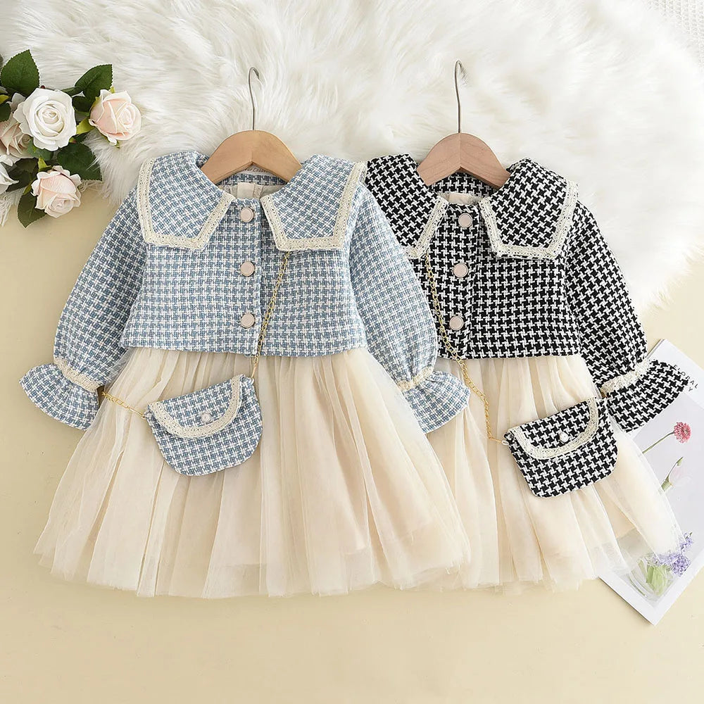 Girls' checkered tank dress & retro coat set, perfect for stylish toddlers 2-6Y