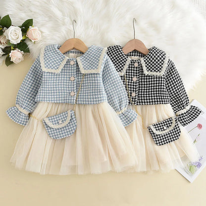 Girls' checkered tank dress & retro coat set, perfect for stylish toddlers 2-6Y