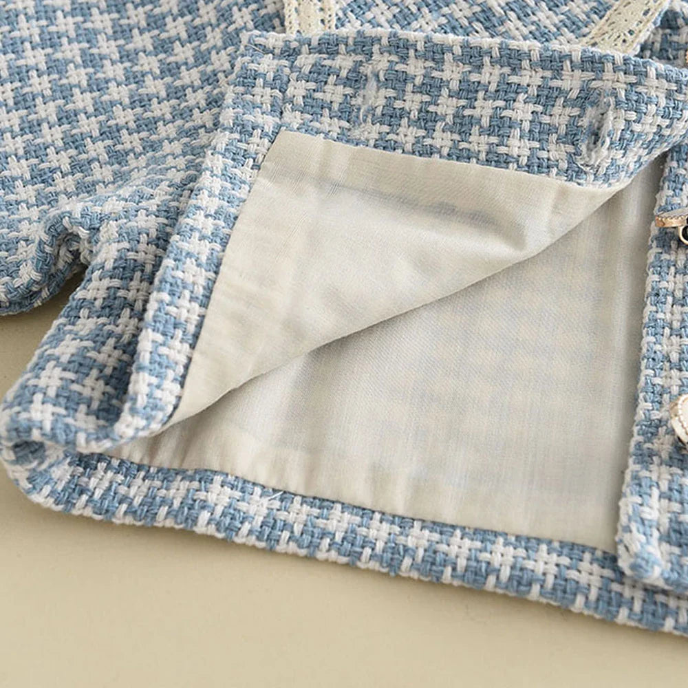 Girls' spring autumn outfit: a vibrant plaid dress with a coordinating retro coat