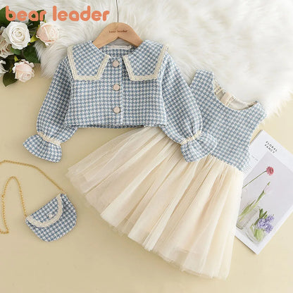 Toddler girl in a cute plaid tank dress and matching retro jacket for spring/autumn