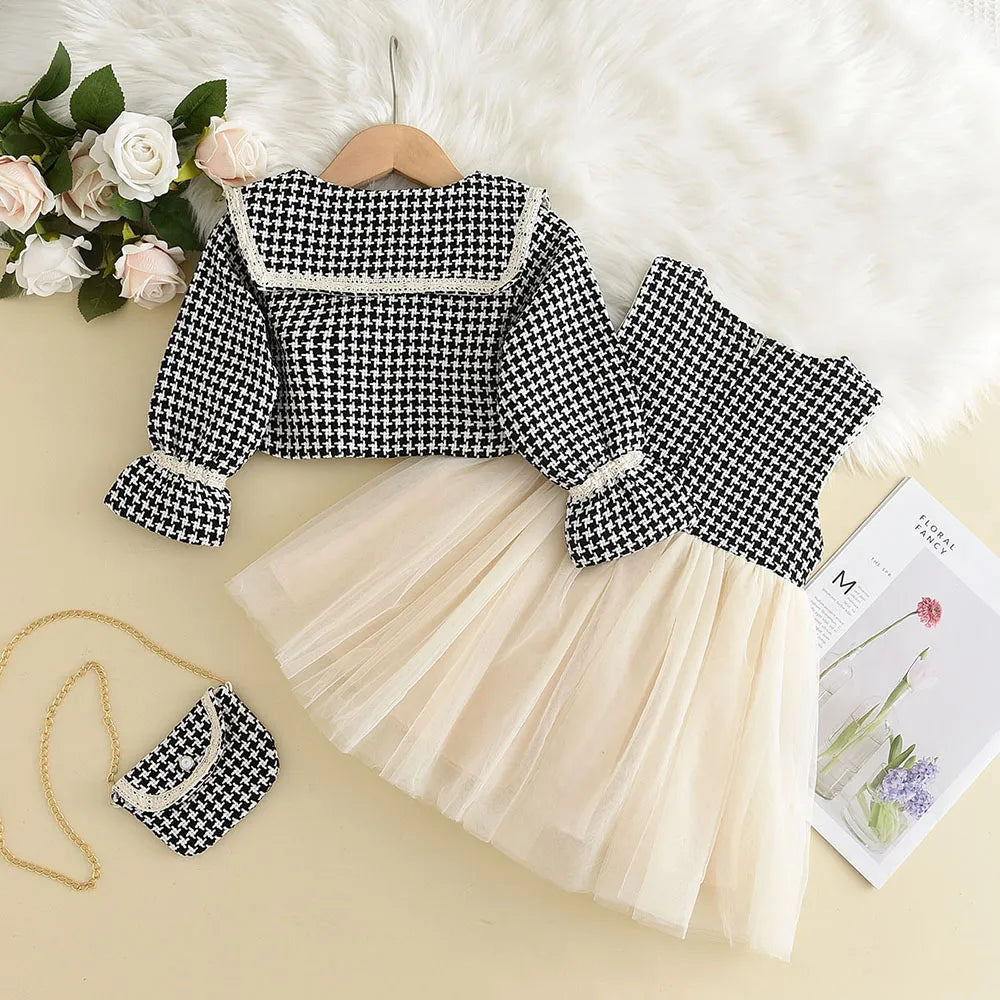 Girls' plaid dress and retro jacket ensemble, perfect for everyday wear or special events