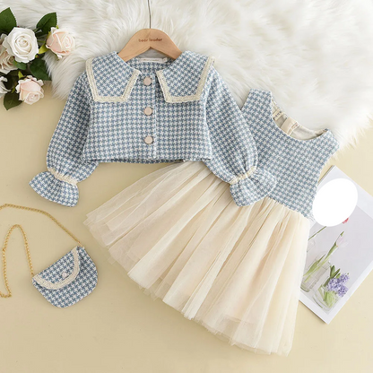 Girls' plaid tank dress with a ruffled hem, paired with a vintage-style coat