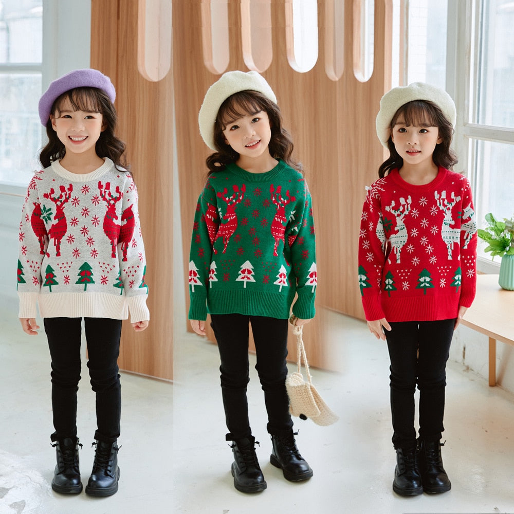 Girls' Christmas elk pullover knitwear sweater, long sleeve cotton blend, ideal holiday outfit & winter wear for toddlers.