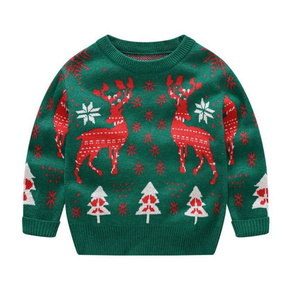 Toddler girls' long sleeve knitwear sweater featuring a cute Christmas elk design, a warm holiday outfit.