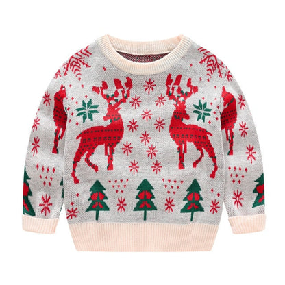 Girls' winter fashion elk pullover sweater, soft cotton blend knitwear for comfy and festive Christmas wear.