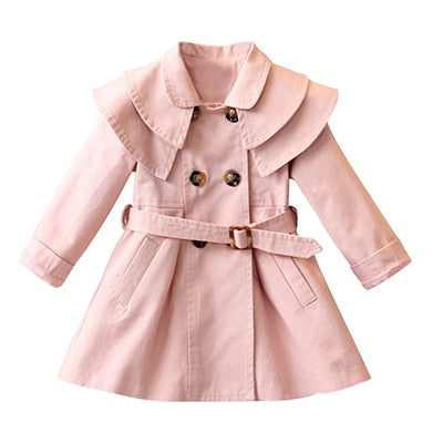 Girls' lightweight trench coat, single-breasted with pockets, perfect for layering.