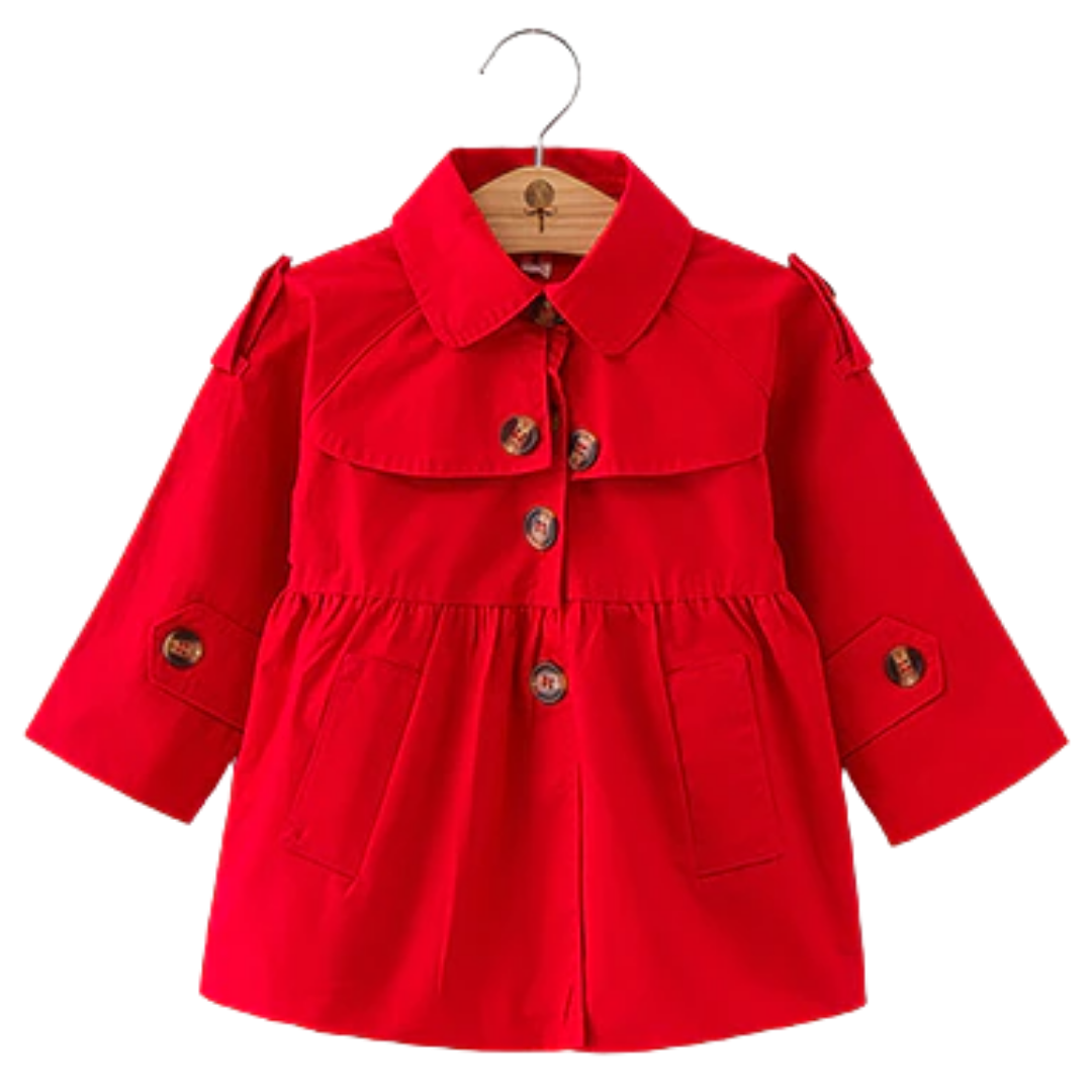 Childrens' outerwear: Girls' cotton trench jacket with long sleeves and functional pockets.