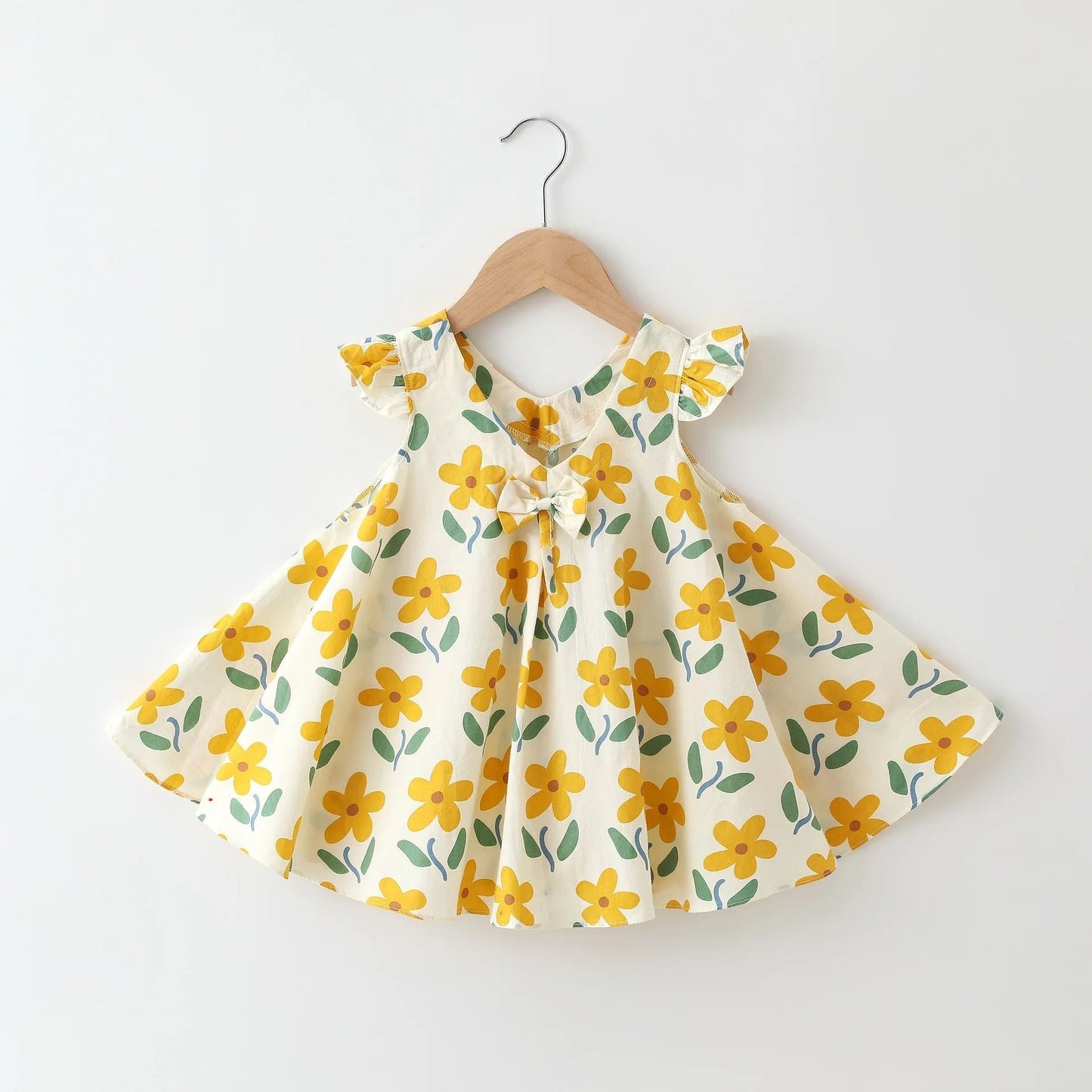 Girls' floral print A-line cotton summer dress with short sleeves, ideal for toddler casual wear.