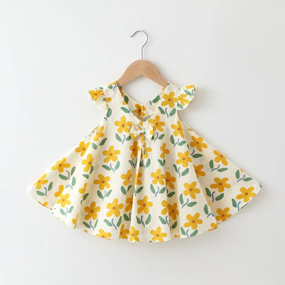 Girls' floral print A-line cotton summer dress with short sleeves, ideal for toddler casual wear.