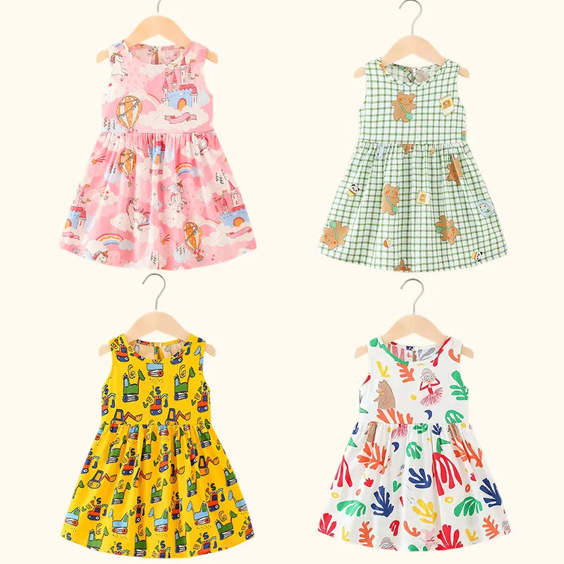 Girls' cotton floral sleeveless summer dress with pink and white flowers, ideal for parties.