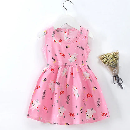 Toddler girl's pink floral sleeveless cotton dress, perfect casual summer outfit, knee-length.