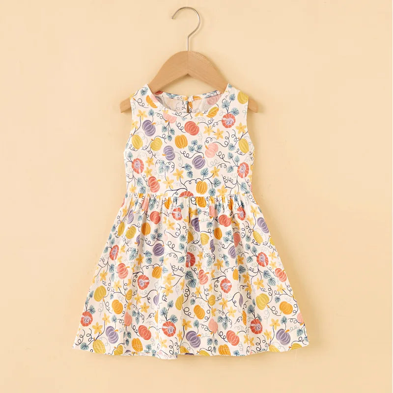 Princess dress style girls' floral sleeveless cotton dress, comfortable and stylish for summer fun.