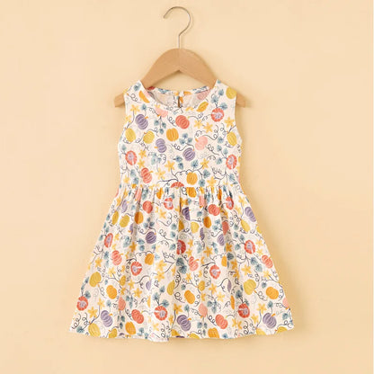 Princess dress style girls' floral sleeveless cotton dress, comfortable and stylish for summer fun.