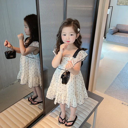 Girls' cotton summer dress with red heart pattern, ideal for toddler play and casual wear