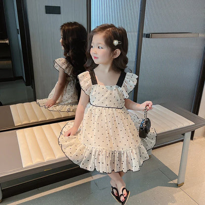 Back view of a sleeveless heart pattern summer dress for girls, casual and breathable