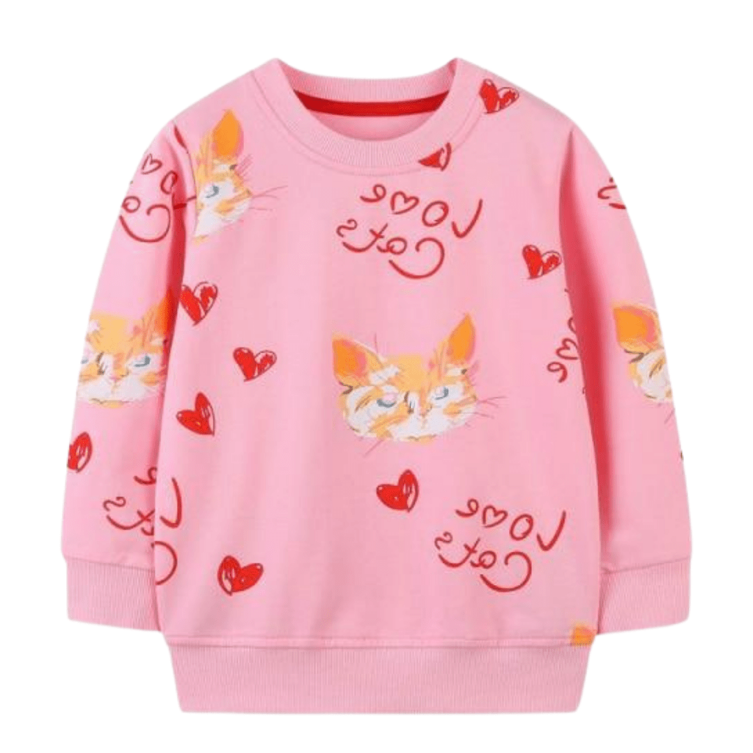 Girls' cozy cotton sweater with cat and heart pattern, long sleeve, perfect for winter wear